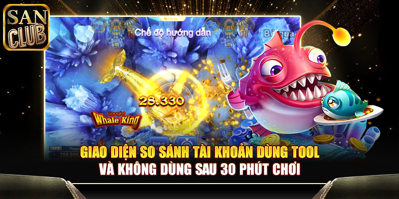 Giao diện so sánh tài khoản dùng tool và không dùng sau 30 phút chơi
